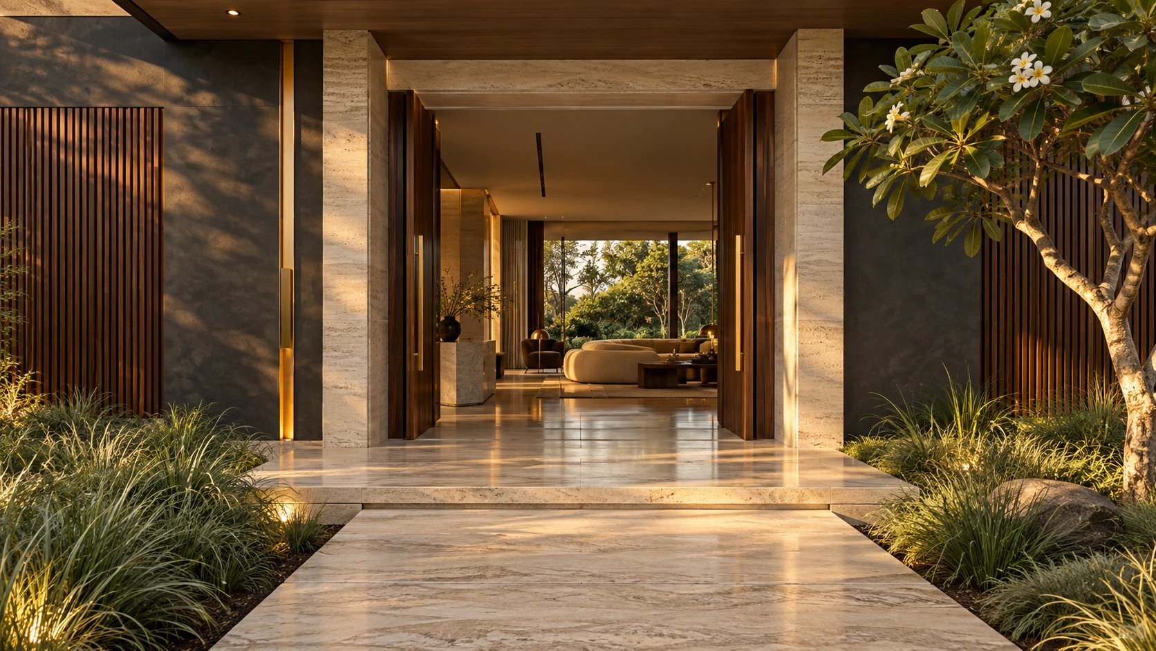 A warm stone entrance leading into a contemporary bungalow