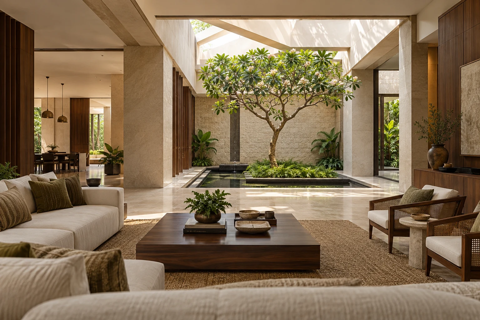 A sunlit courtyard with a tree, natural stone, and open-air living