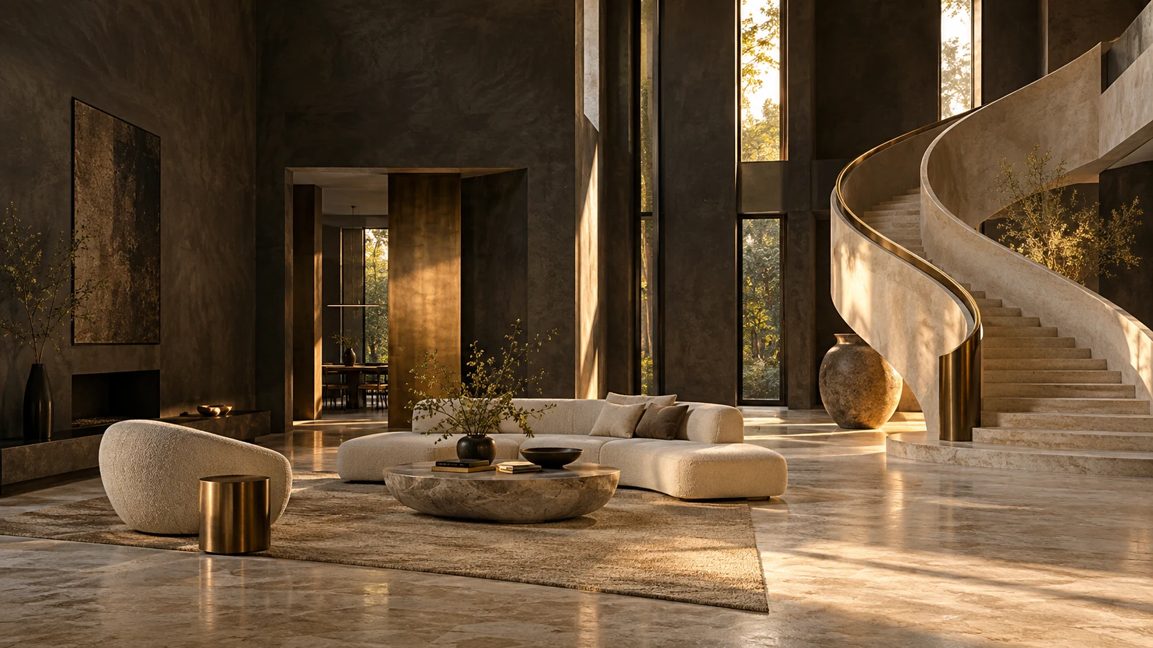 A spacious living room with sculptural seating and a curved stone staircase
