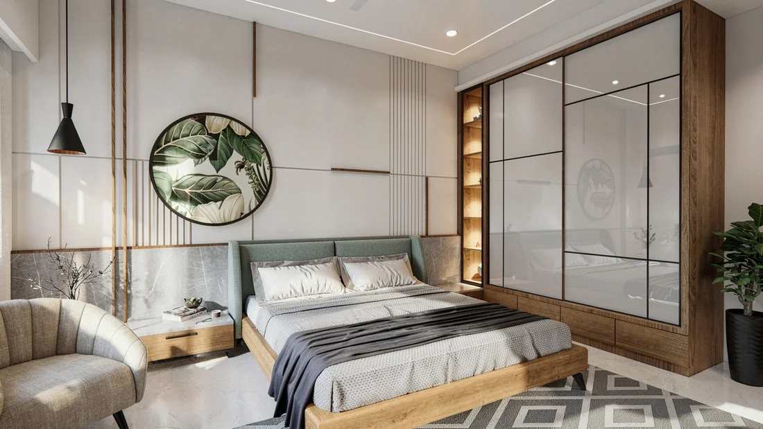 A bedroom with a green upholstered headboard, illuminated shelving and full-height wardrobe storage.