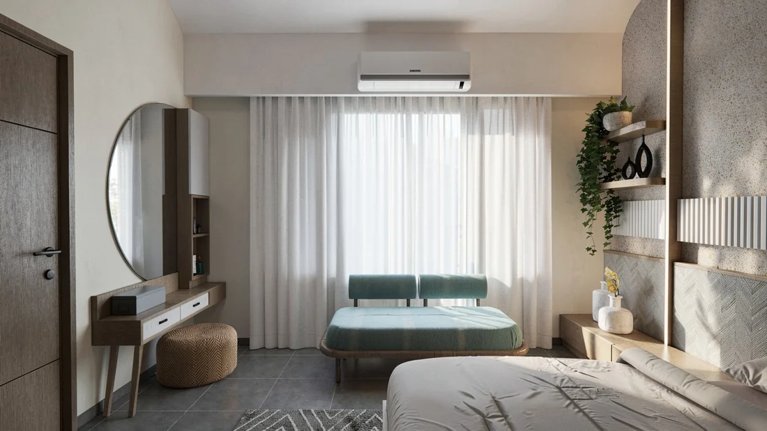 A bedroom dressing area with an oval mirror, a floating vanity and a teal window seat.