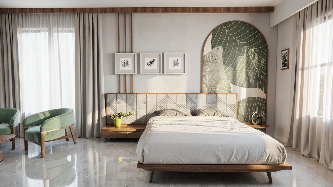 A bedroom with a leaf-inspired wall mural, warm timber furniture and green accent chairs.