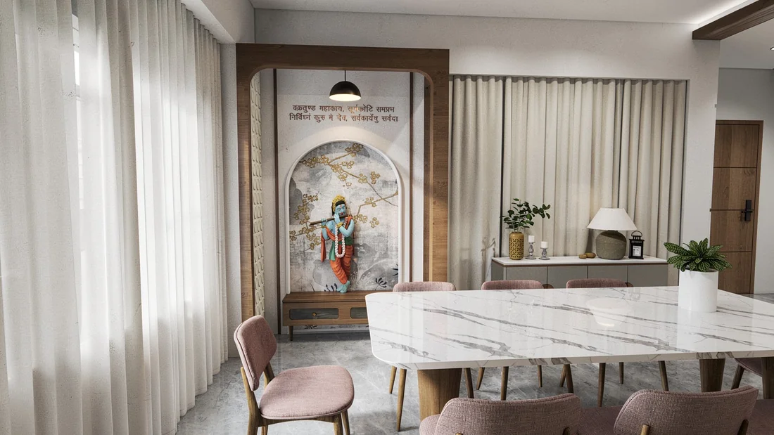 A marble dining table with blush chairs beside a framed Krishna devotional niche.