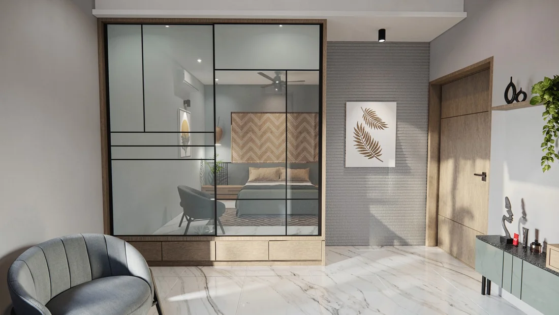 A framed glass-front wardrobe with timber drawers and a coordinated dressing area.