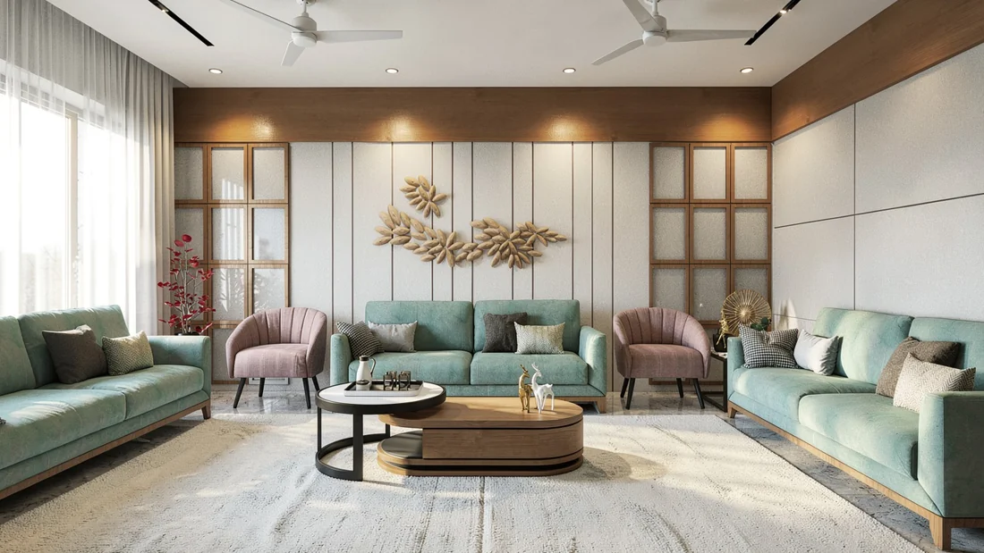 A living room with sage sofas, blush accent chairs, a gold leaf wall feature and warm wood panelling.