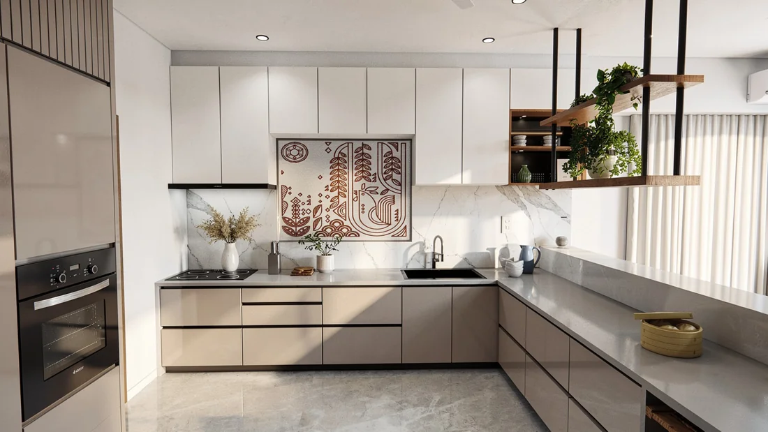 An L-shaped modular kitchen with taupe lower cabinets, white overhead storage and built-in appliances.