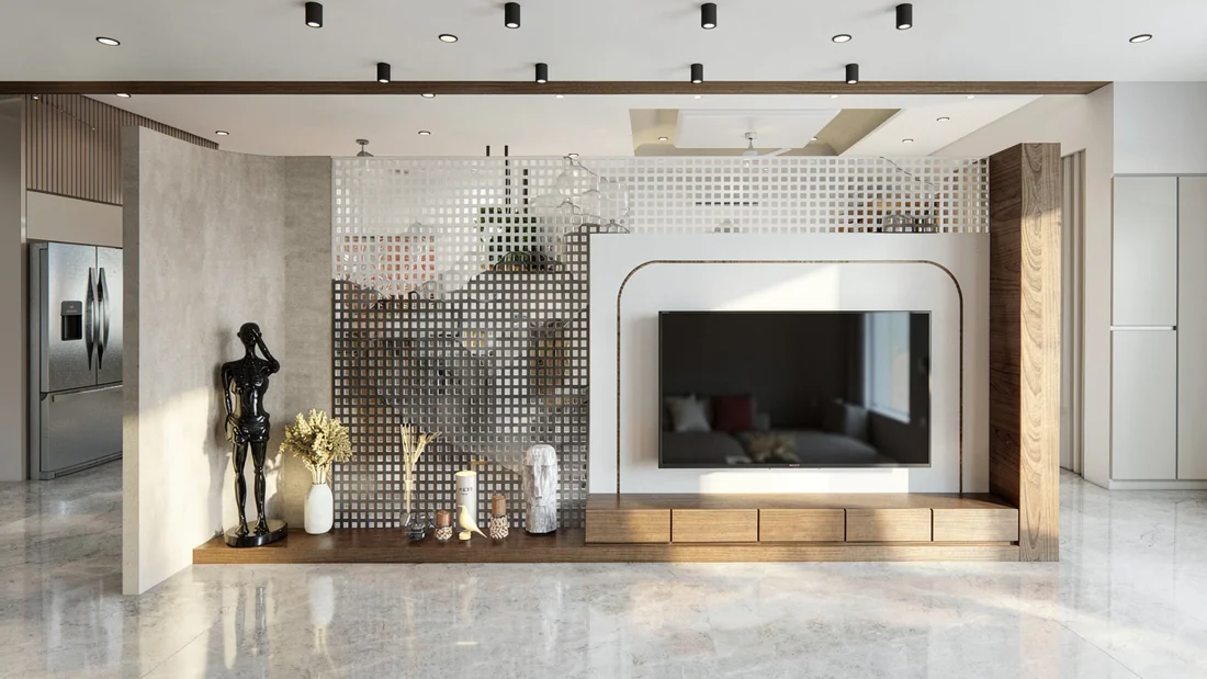 A television wall combining a white panel, patterned divider and warm wood cabinetry.
