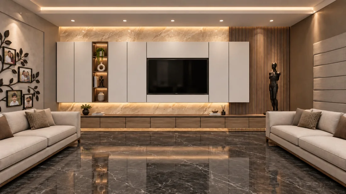 A living room with a long white media cabinet, warm lighting and dark stone flooring.