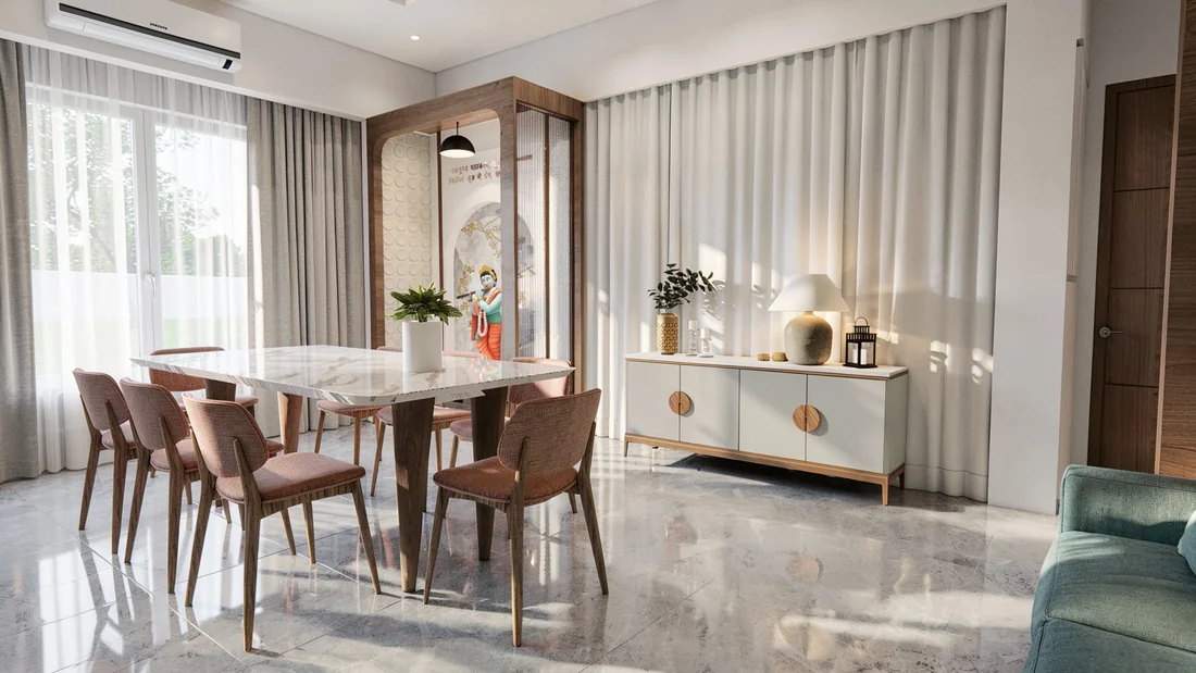 A bright dining area with a marble table, blush chairs, a sideboard and a devotional wall niche.