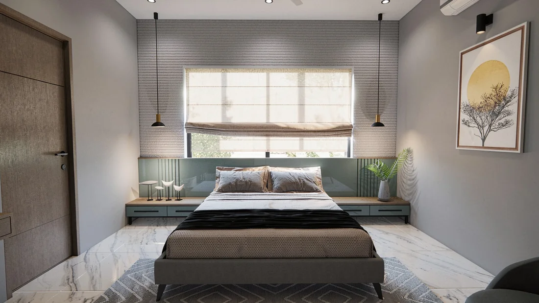 An alternate bedroom visualisation with a sage headboard, softened daylight and grey bedding.