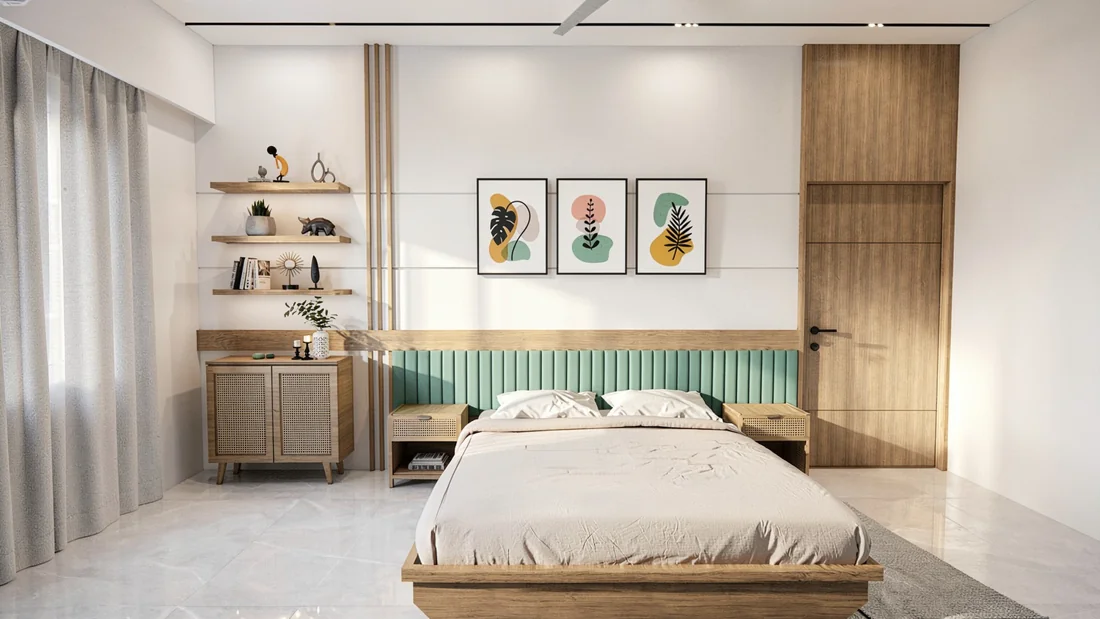A bedroom with a mint-green slatted headboard, wood furniture and botanical framed artwork.