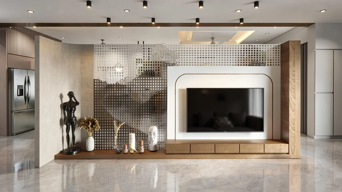 A wider view of a television wall with geometric screening, warm wood and concealed lighting.